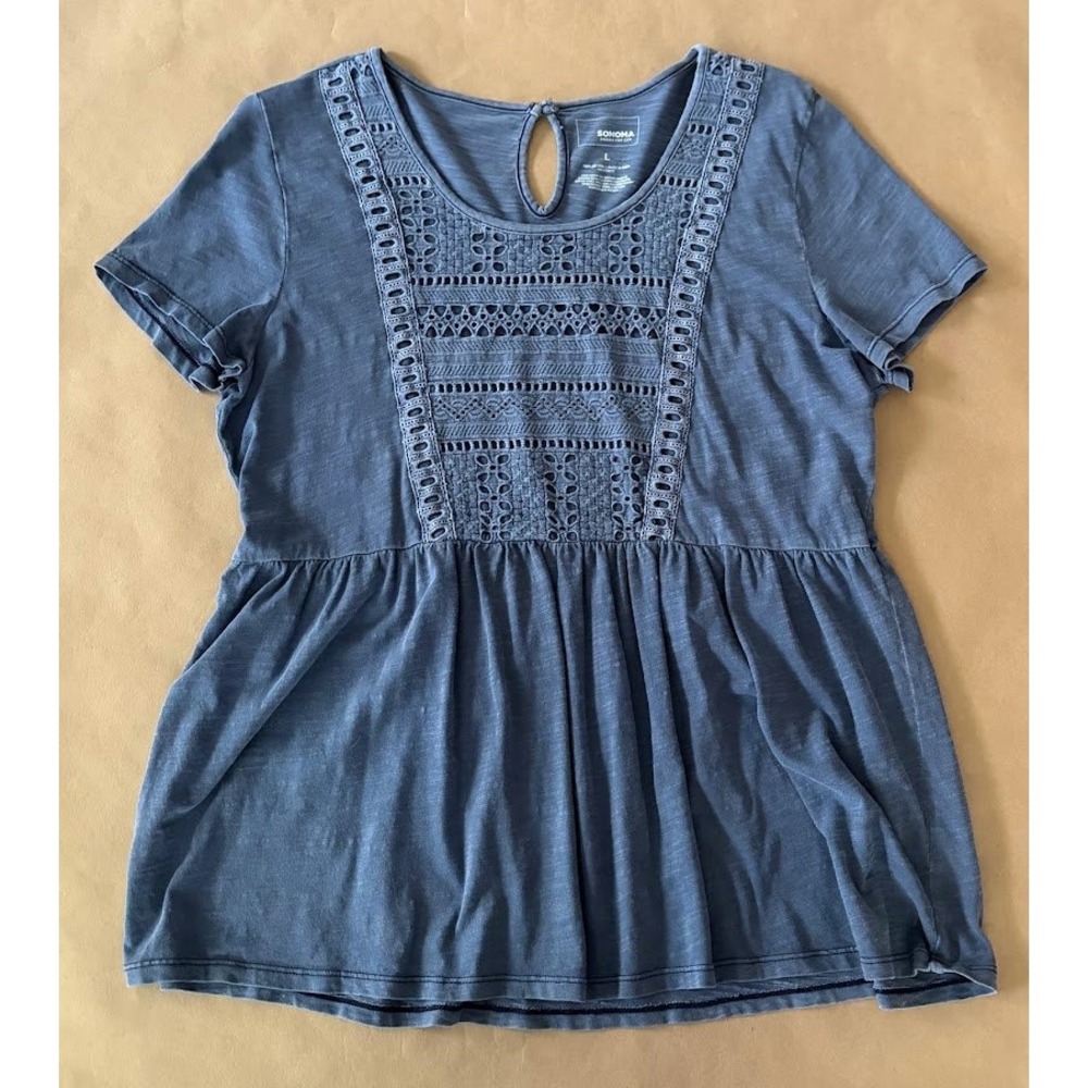 Sonoma Goods For Life Womens Blue Eyelet Lace Babydoll Top Sz L 
Peasant Boho